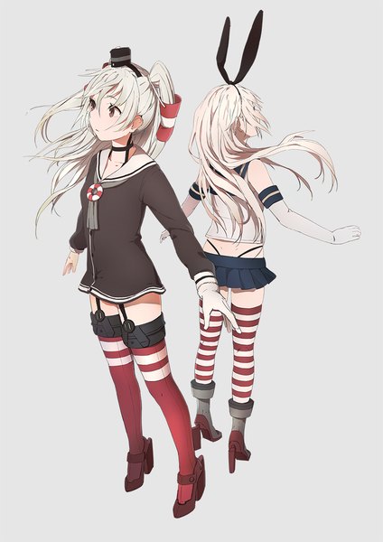 Anime picture 800x1131 with kantai collection shimakaze destroyer amatsukaze destroyer youmak long hair tall image simple background blonde hair hair between eyes multiple girls looking away silver hair from above wind from behind grey background high heels two side up spread arms back to back