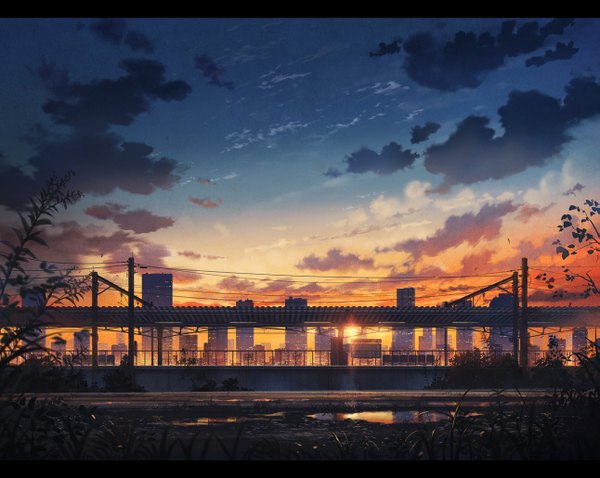 Anime picture 1291x1029 with original cola (pixiv) sky cloud (clouds) city evening sunset letterboxed cityscape landscape building (buildings) wire (wires) puddle train station