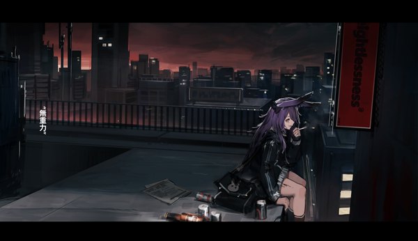 Anime picture 3866x2230 with arknights rope (arknights) heibaise jiangshi single long hair highres smile wide image sitting holding animal ears looking away absurdres purple hair outdoors profile night grey eyes bunny ears city