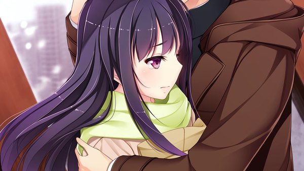 Anime picture 1280x720 with gin'iro haruka niimi yuzuki long hair blush black hair wide image purple eyes game cg couple hug girl boy scarf teardrop