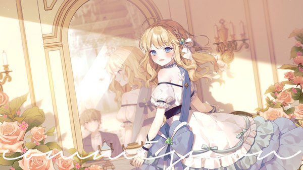 Anime picture 2880x1620 with original moffle (ayabi) long hair looking at viewer blush highres short hair open mouth blue eyes blonde hair brown hair wide image standing ahoge indoors short sleeves turning head reflection girl dress