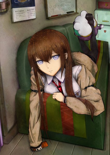 Anime picture 1200x1690 with steins;gate white fox makise kurisu single long hair tall image blue eyes brown hair girl pantyhose toy stuffed animal couch calendar