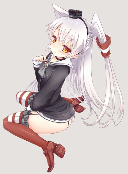 Anime picture 733x1000 with kantai collection amatsukaze destroyer kuroki mashiro single long hair tall image looking at viewer blush light erotic simple background brown eyes silver hair from above grey background two side up girl thighhighs uniform school uniform hat