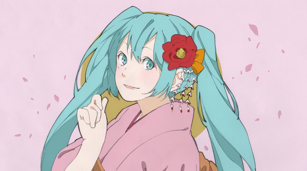 Anime picture 3127x1745 with vocaloid hatsune miku renju single long hair looking at viewer highres smile wide image twintails traditional clothes japanese clothes hair flower aqua eyes aqua hair pink background girl hair ornament flower (flowers) petals