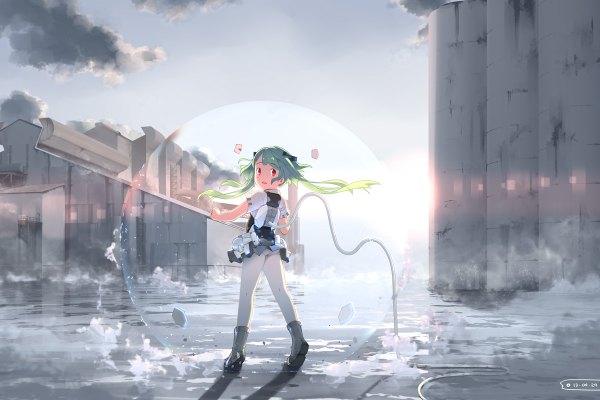Anime picture 1200x800 with original hebinui single long hair red eyes twintails cloud (clouds) looking back green hair girl dress boots