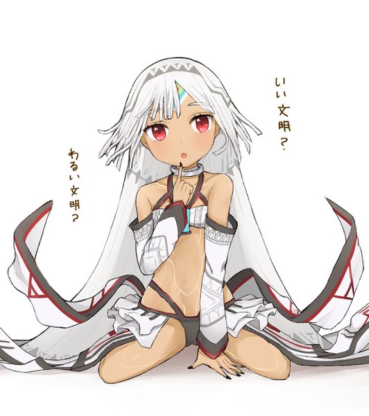 Anime picture 1111x1252 with fate (series) fate/grand order fate/extra fate/extella fate/extella link altera (fate) altera larva ito (silk9f) single tall image looking at viewer fringe short hair breasts light erotic simple background red eyes white background sitting bare shoulders