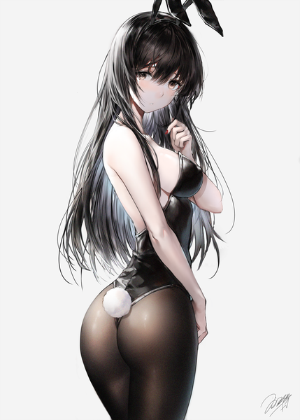 Anime picture 2145x3000 with original iori (cpeilad) single long hair tall image looking at viewer blush fringe highres breasts light erotic black hair simple background hair between eyes standing brown eyes signed animal ears ass tail