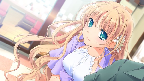 Anime picture 1280x720 with astraythem tagme (character) ginta long hair blonde hair wide image green eyes game cg girl dress hair ornament