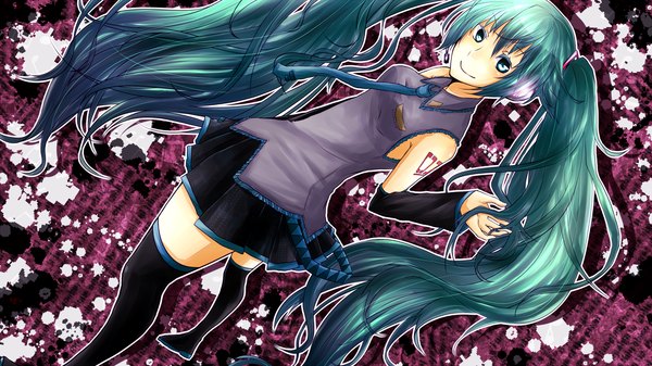 Anime picture 1920x1080 with vocaloid hatsune miku single long hair highres wide image twintails aqua eyes aqua hair girl thighhighs skirt detached sleeves miniskirt necktie