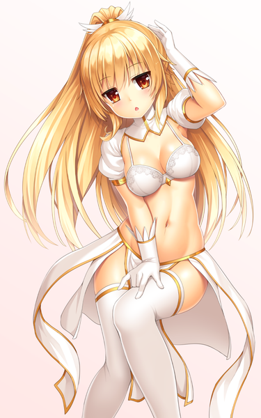 Anime picture 816x1303 with sennen sensou aigis nanaly (sennen sensou aigis) lambda (kusowarota) single long hair tall image blush breasts open mouth light erotic blonde hair white background brown eyes girl thighhighs gloves navel white thighhighs lingerie white gloves