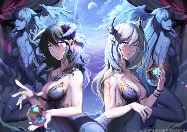 Anime picture 1100x778 with original caesty long hair breasts blue eyes light erotic black hair multiple girls sky cleavage cloud (clouds) white hair horn (horns) pointy ears tattoo girl dress 2 girls bracelet ball
