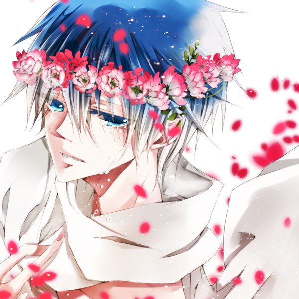 Anime picture 1850x1850 with vocaloid kaito (vocaloid) daiviad single highres short hair blue eyes white background blue hair tears boy flower (flowers) petals wreath