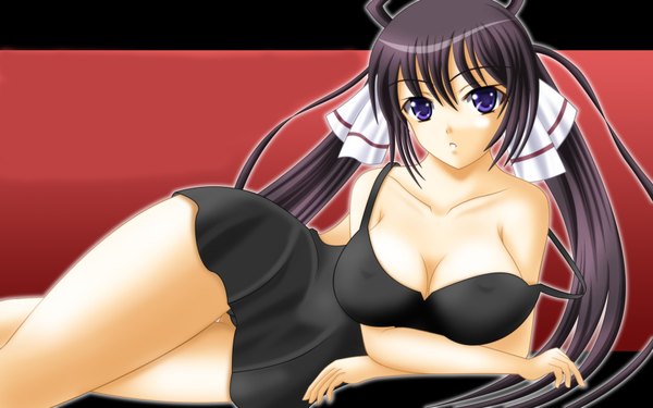 Anime picture 1920x1200 with infinite stratos 8bit shinonono houki single long hair looking at viewer highres breasts light erotic black hair wide image large breasts purple eyes ponytail girl dress