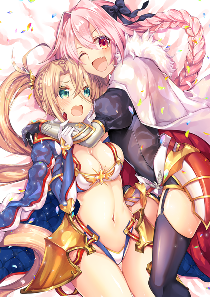 Anime picture 1100x1556 with fate (series) fate/grand order fate/apocrypha astolfo (fate) bradamante (fate/grand order) shika (isk mjkss) long hair tall image looking at viewer blush fringe breasts open mouth light erotic blonde hair hair between eyes red eyes large breasts twintails pink hair