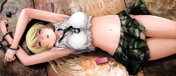 Anime picture 4142x1794 with btooom! madhouse himiko (btooom!) inoue junya long hair highres open mouth blue eyes light erotic blonde hair wide image lying bare belly midriff on back pantyshot torn clothes girl skirt navel