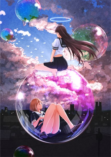 Anime picture 652x921 with original nanahime (aoi) long hair tall image short hair light erotic blonde hair brown hair sitting multiple girls sky bent knee (knees) profile pleated skirt barefoot wind from behind sunlight bare legs short sleeves