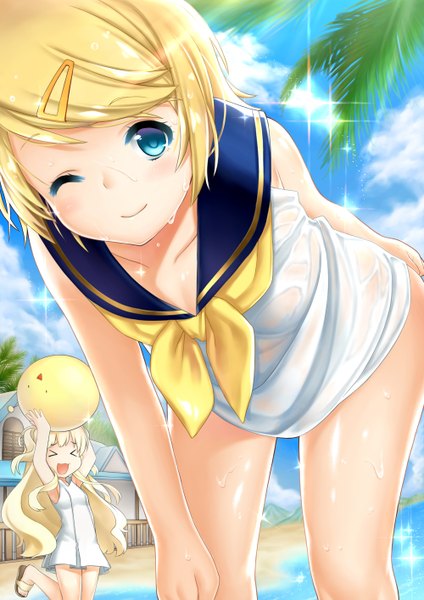 Anime picture 1000x1414 with vocaloid kagamine rin seeu sankyaku tako long hair tall image looking at viewer blush short hair open mouth blue eyes light erotic blonde hair multiple girls eyes closed one eye closed wink girl 2 girls