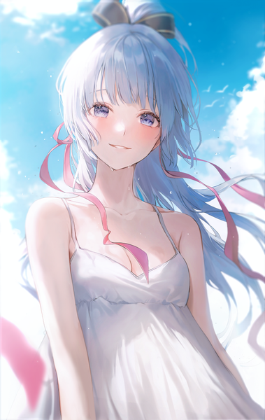 Anime picture 700x1108 with genshin impact kamisato ayaka 2sham single long hair tall image looking at viewer blush fringe breasts blue eyes smile standing bare shoulders blue hair sky cleavage cloud (clouds) upper body outdoors