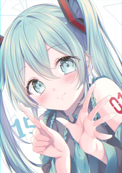 Anime picture 2894x4093 with vocaloid hatsune miku kmr 7m single long hair tall image looking at viewer blush fringe highres smile hair between eyes twintails payot upper body aqua eyes aqua hair wide sleeves arms up tattoo