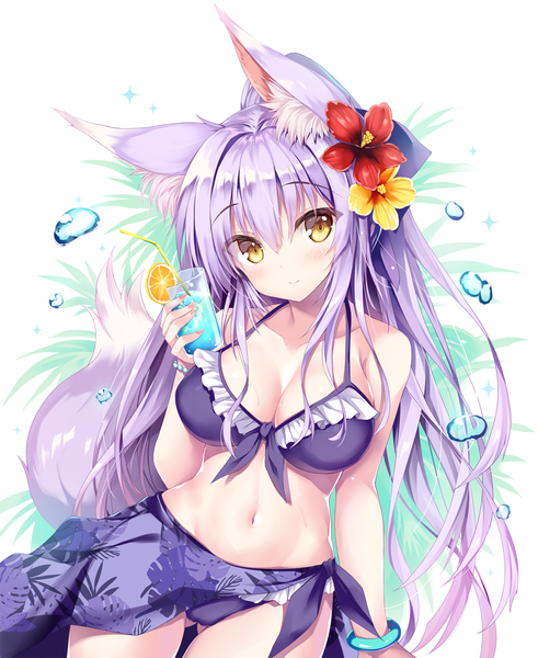 Anime picture 983x1200 with original tateha (marvelous grace) single long hair tall image looking at viewer blush fringe breasts light erotic smile hair between eyes large breasts white background animal ears yellow eyes purple hair tail animal tail hair flower