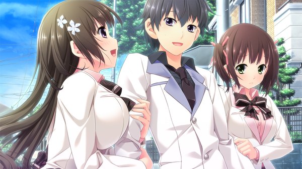 Anime picture 1280x720 with gimai dakara dekiru koto imouto janai to dame na koto takatou iori takatou yui tita j long hair looking at viewer short hair breasts open mouth wide image large breasts multiple girls game cg sky hair flower eye contact girl boy uniform hair ornament