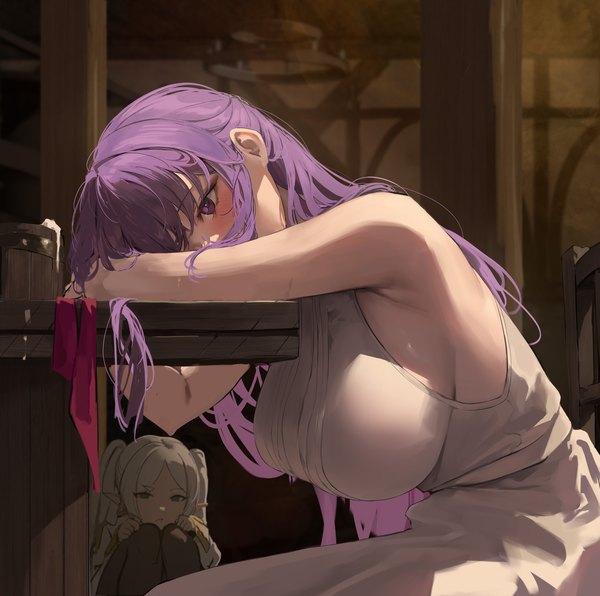 Anime picture 3000x2978 with sousou no frieren frieren fern (sousou no frieren) leviathan (hikinito0902) long hair blush fringe highres breasts light erotic large breasts sitting purple eyes twintails multiple girls green eyes looking away silver hair purple hair indoors