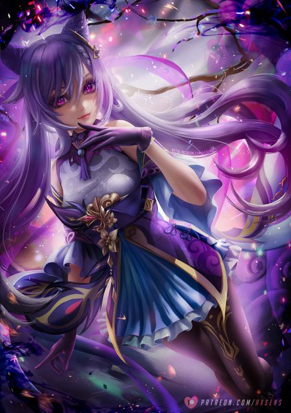 Anime picture 3532x5000 with genshin impact keqing (genshin impact) axsen single long hair tall image looking at viewer fringe highres breasts hair between eyes standing purple eyes twintails bare shoulders signed absurdres purple hair braid (braids) arm up