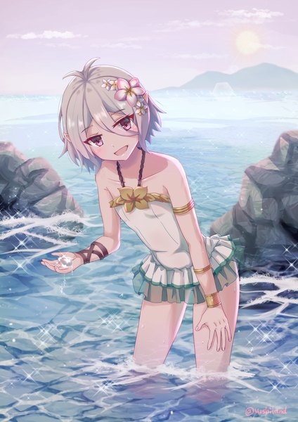 Anime picture 900x1273 with princess connect! re:dive princess connect! kokkoro (princess connect!) yusshii single tall image looking at viewer fringe short hair open mouth light erotic smile hair between eyes standing signed payot sky silver hair cloud (clouds) ahoge