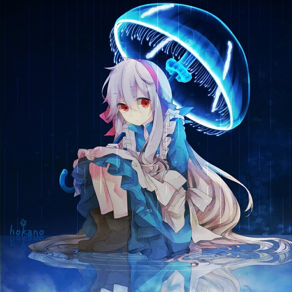 Anime picture 1000x1000 with kagerou project shaft (studio) mary (kagerou project) hokano single long hair looking at viewer red eyes sitting white hair reflection rain girl dress ribbon (ribbons) hair ribbon water umbrella jellyfish