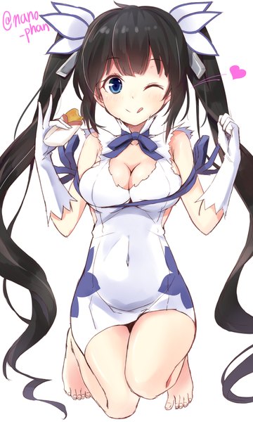 Anime picture 600x1000 with dungeon ni deai wo motomeru no wa machigatteiru darou ka j.c. staff hestia (danmachi) takehana note single tall image looking at viewer blush breasts blue eyes light erotic black hair simple background large breasts white background twintails bare shoulders holding signed cleavage