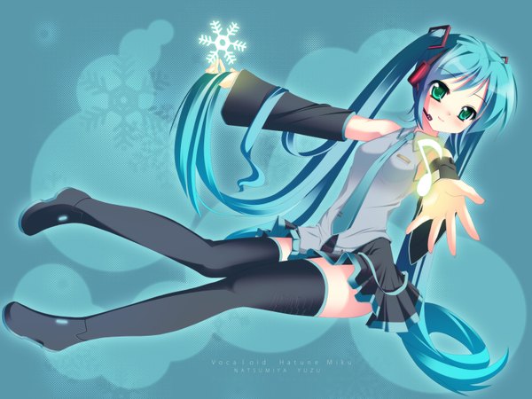 Anime picture 1600x1200 with vocaloid hatsune miku natsumiya yuzu blue eyes blue hair blue background girl thighhighs