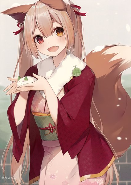Anime picture 2497x3529 with melonbooks muryotaro single long hair tall image looking at viewer blush fringe highres open mouth smile hair between eyes red eyes brown hair standing twintails holding signed animal ears yellow eyes