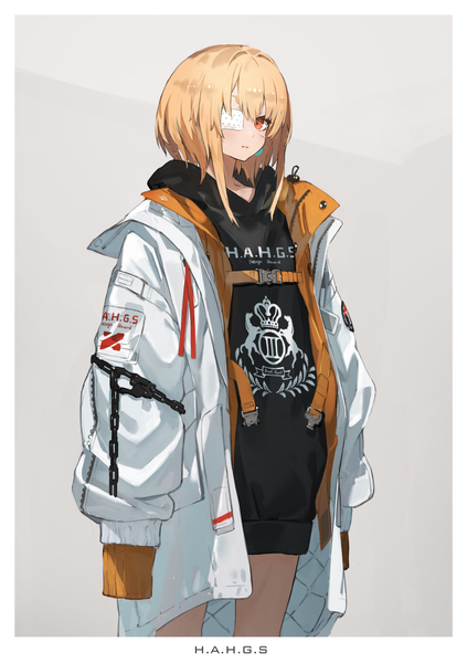 Anime picture 988x1400 with original yucca-612 (neco) single tall image looking at viewer blush fringe short hair simple background blonde hair hair between eyes standing holding payot grey background open clothes bare legs orange eyes border expressionless