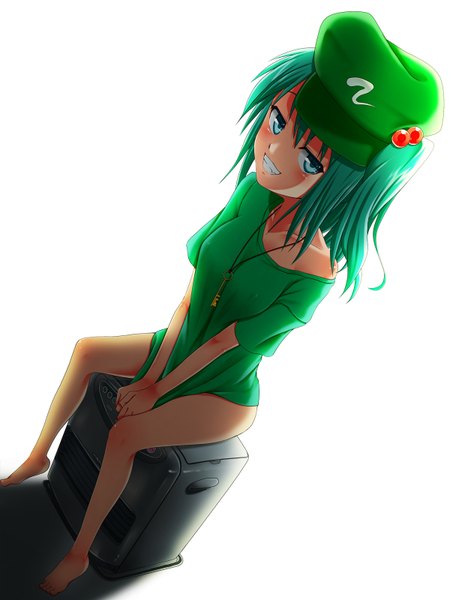 Anime picture 1200x1600 with touhou kawashiro nitori ge-ha single tall image looking at viewer short hair blue eyes simple background smile white background sitting barefoot green hair legs girl flat cap key