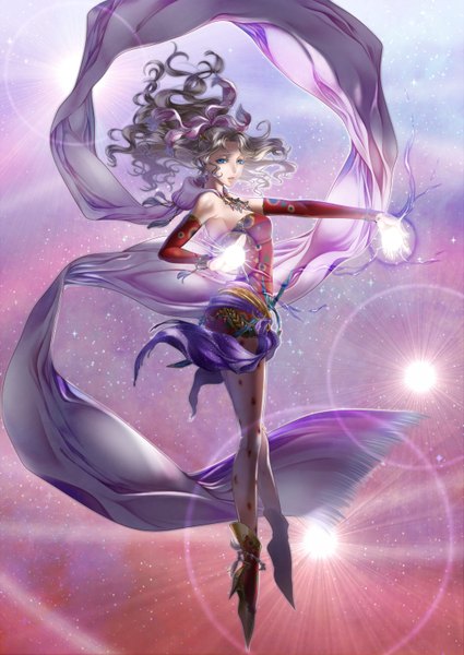 Anime picture 1075x1518 with final fantasy square enix tina branford nuruhachi single long hair tall image blue eyes brown hair magic light girl detached sleeves earrings scarf star (stars) jewelry