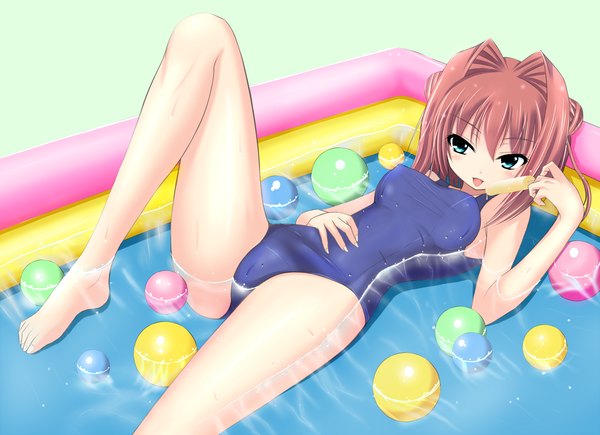 Anime picture 1920x1392 with da capo da capo ii asakura yume masaki (sibamasa) highres short hair blue eyes light erotic brown hair legs girl swimsuit water food sweets ice cream ball