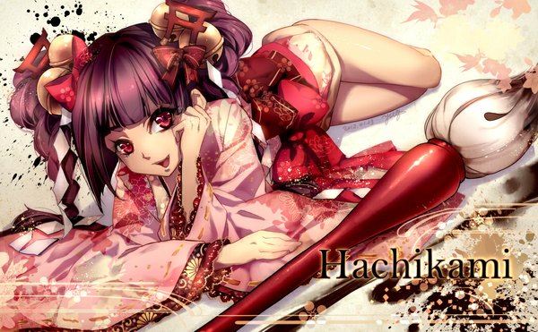Anime picture 1050x650 with original yutif (artist) single long hair looking at viewer open mouth red eyes wide image twintails purple hair lying japanese clothes girl hair ornament bow hair bow bell yukata paintbrush calligraphy brush