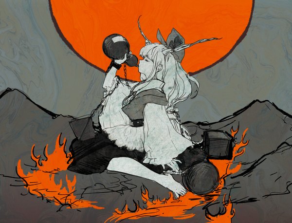 Anime picture 850x650 with touhou ibuki suika viridiflora single long hair fringe sitting eyes closed profile barefoot horn (horns) wide sleeves alternate costume wariza monochrome drinking partially colored girl bow hair bow