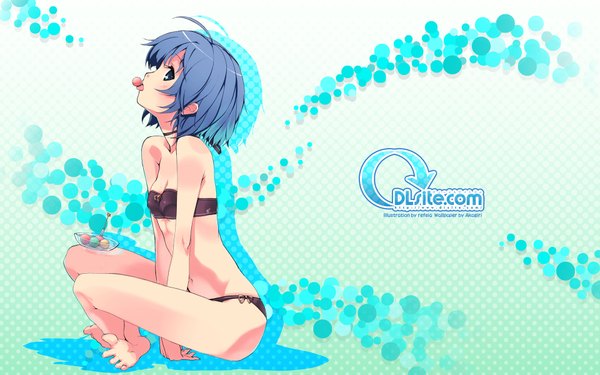 Anime picture 1920x1200 with dlsite.com elle sweet refeia highres short hair light erotic wide image blue hair ahoge barefoot wallpaper soles swimsuit bikini tongue black bikini toes toe-spread