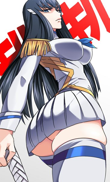 Anime picture 608x1000 with kill la kill studio trigger kiryuuin satsuki yusukesan single long hair tall image looking at viewer breasts blue eyes light erotic black hair large breasts ass pleated skirt from below zettai ryouiki skindentation girl thighhighs