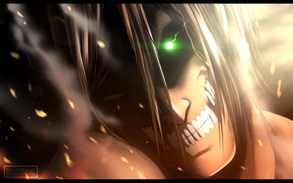 Anime picture 2520x1575 with shingeki no kyojin production i.g eren yaeger rogue titan kortrex single highres short hair black hair wide image green eyes sunlight grin coloring glowing letterboxed close-up face glowing eye (eyes) steam