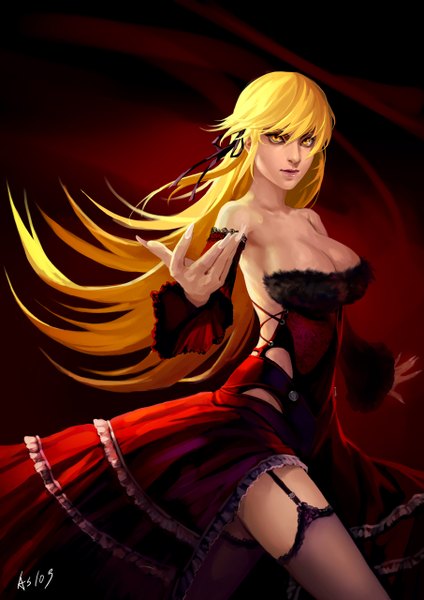 Anime picture 905x1280 with kizumonogatari shaft (studio) monogatari (series) kissshot acerolaorion heartunderblade as109 single long hair tall image looking at viewer breasts blonde hair large breasts yellow eyes girl thighhighs dress black thighhighs detached sleeves