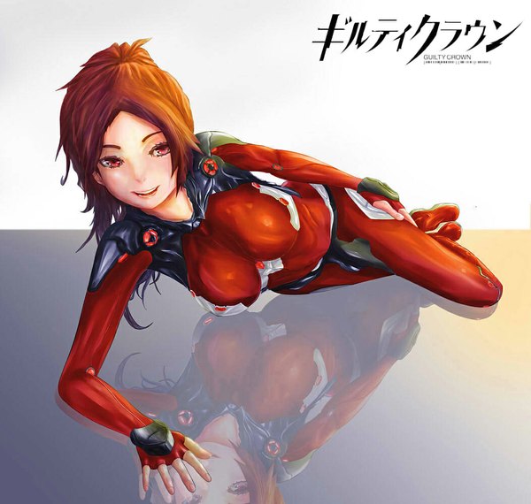 Anime picture 1052x1000 with guilty crown production i.g shinomiya ayase egoist0 single long hair breasts open mouth smile red eyes brown hair ponytail inscription reflection reclining girl bodysuit