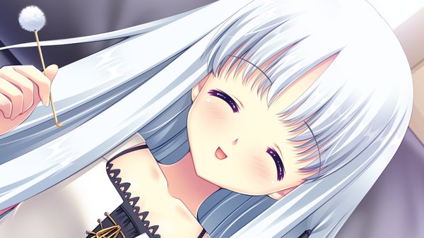 Anime picture 1024x576 with lovely quest sakuraba minaho long hair blush open mouth wide image game cg white hair eyes closed girl mimikaki