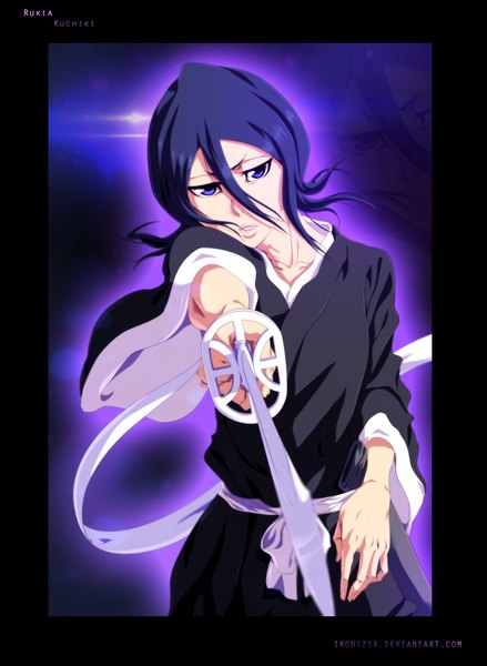 Anime picture 2228x3045 with bleach studio pierrot kuchiki rukia ironizer single long hair tall image fringe highres black hair purple eyes traditional clothes japanese clothes coloring zoom layer girl weapon sword belt kimono
