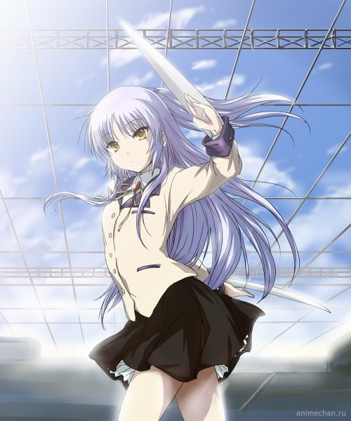 Anime picture 1000x1200 with angel beats! key (studio) tachibana kanade single long hair tall image looking at viewer yellow eyes sky silver hair cloud (clouds) pleated skirt girl uniform weapon school uniform