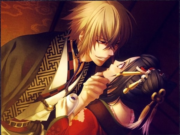 Anime picture 1862x1400 with hakuouki shinsengumi kitan studio deen chizuru yukimura chikage kazama highres short hair open mouth black hair blonde hair red eyes traditional clothes japanese clothes scan girl boy hair ornament