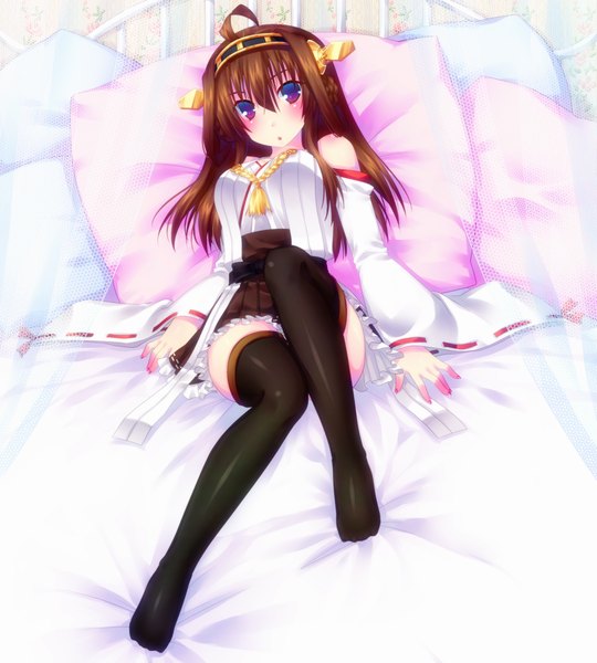 Anime-Bild 900x1000 mit kantai collection kongou battleship door to heaven single long hair tall image looking at viewer blush open mouth brown hair purple eyes ahoge traditional clothes nontraditional miko girl thighhighs skirt hair ornament black thighhighs detached sleeves