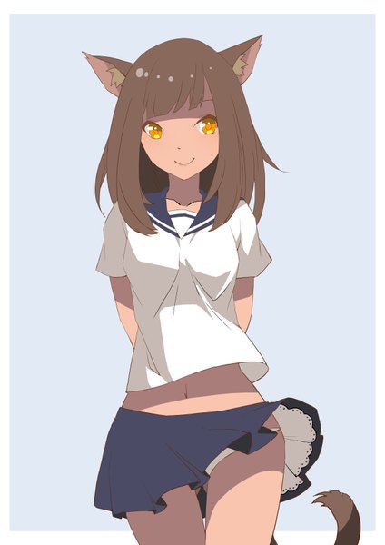 Anime picture 2480x3507 with final fantasy final fantasy xiv square enix miqo'te 12mata single long hair tall image fringe highres light erotic simple background smile brown hair animal ears looking away tail animal tail cat ears cat girl