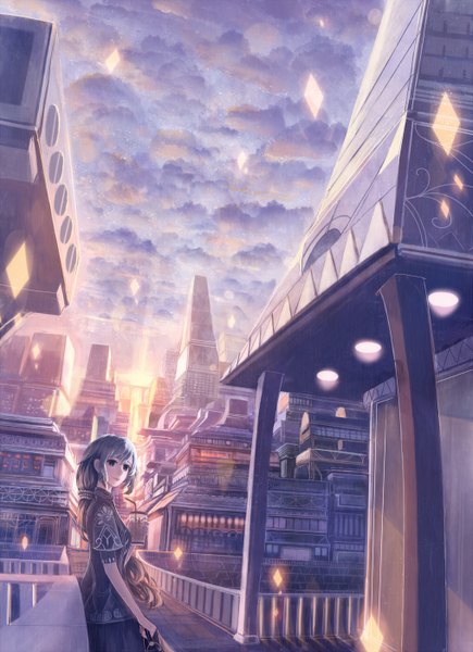 Anime picture 1015x1400 with original bounin single long hair tall image looking at viewer brown hair sky cloud (clouds) ponytail black eyes sunlight city girl building (buildings)